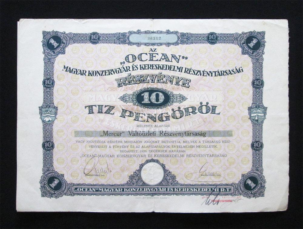 OCEAN Magyar Konzervgyár részvény 10 pengő 1926